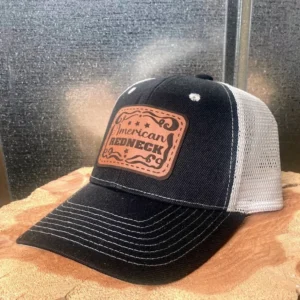 American Redneck Black on Grey Hat - BuckskinBrown/Black Whisky Label Patch - Trucker Hat