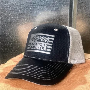 American Redneck Black on Grey Hat - Black on Silver FLAG Patch - Trucker Hat