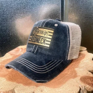 American Redneck Black on Grey Hat - Black on GOLD FLAG Patch - Distressed Hat