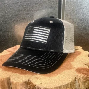 American FLAG Black on Grey Hat - Black on Silver FLAG Patch - Trucker Hat